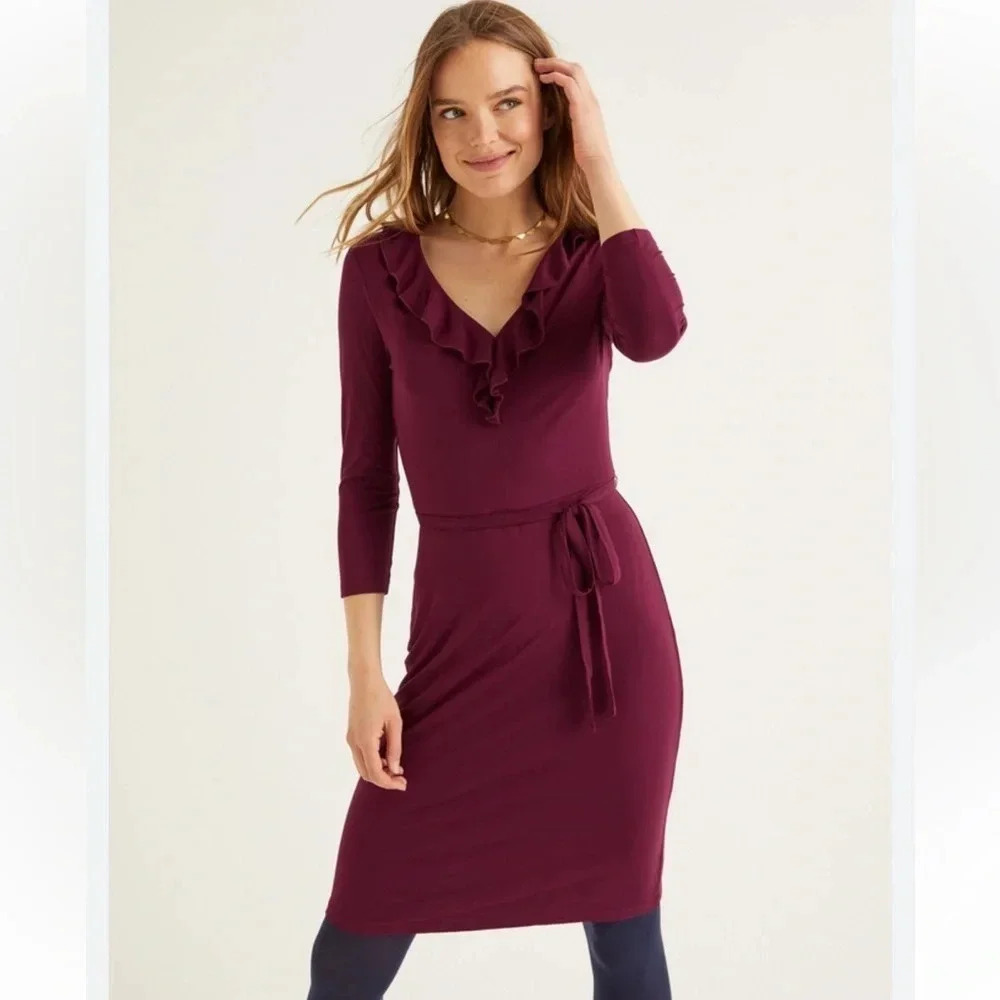 Boden Long Sleeve Jersey Knit Stretchy Ruffle Dress Dark Burgundy Red Size 8